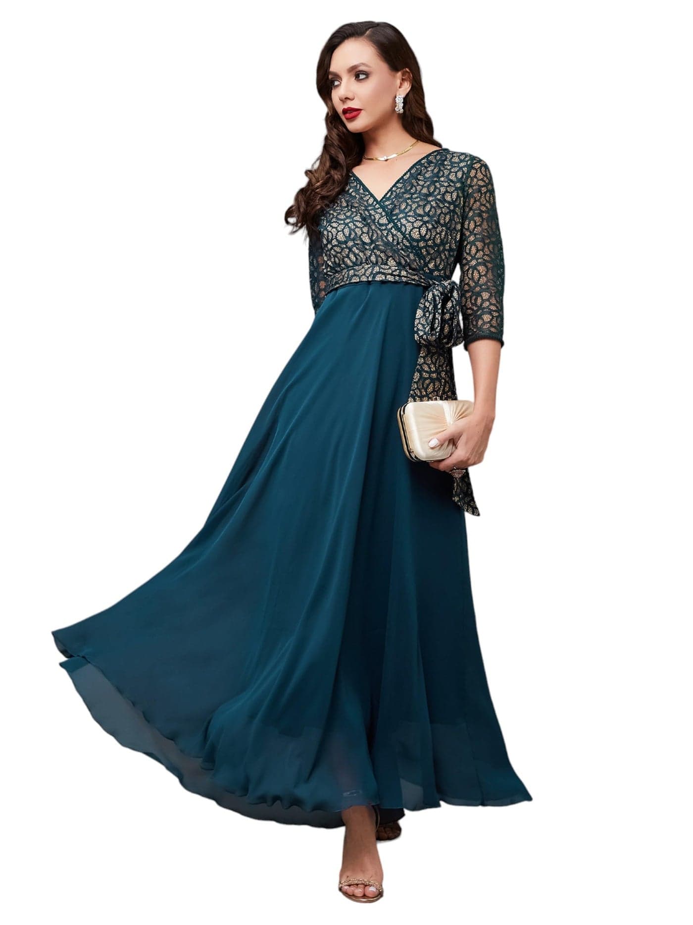 Miss Chase Women's Floral Printed Relaxed Fit V-Neck 3/4th Sleeve Maxi Dress with Pockets (Plus (MCSS24D97-13-83-07, Teal, 2XL)