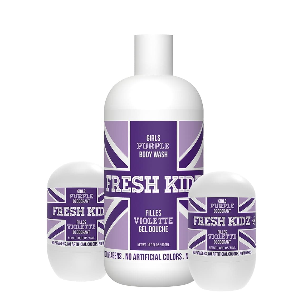 Fresh Kidz Body Wash 169 floz and 2 RollOn Deodorants 186 floz for Kids and Teens Girls Purple Set