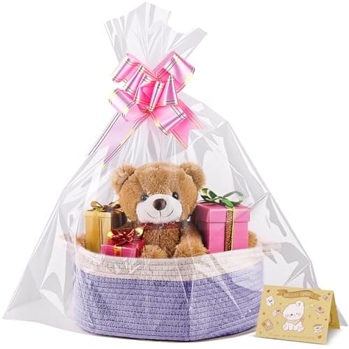 Boensi Small Woven Basket 12 x 8 x 5 Gift Basket Empty with Ribbon and Gift Bag Rope Basket for Baby Shower Holiday PresentsStorage Basket with Handle for NurseryPet Toy Basket WhitePurple