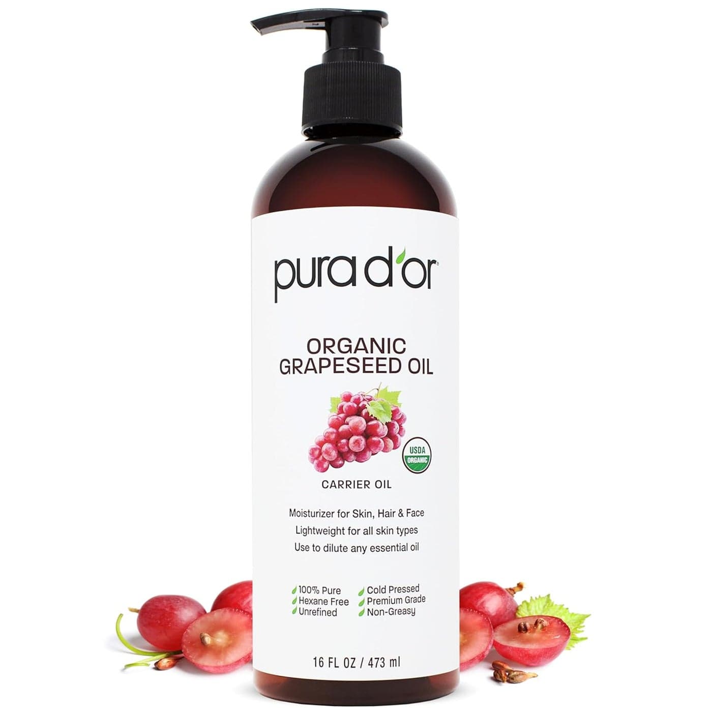 PURA DOR 16 Oz Organic Grapeseed Oil 100 Pure Natural USDA Certified Cold Pressed Carrier Oil Light Silky Unscented Hexane Free Liquid Moisturizer Face Skin Hair Men Women