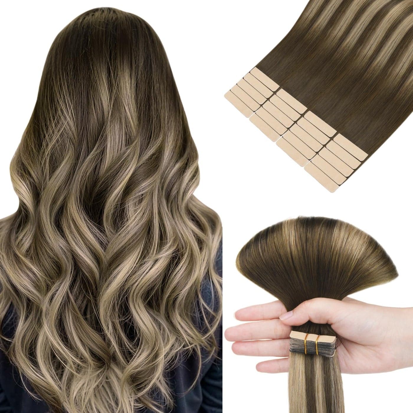 hotbanana Tape in Hair Extensions 16 Inch Tape in Hair Extensions Human Hair 20pcs 50g Chocolate Brown with Honey Blonde Tape Hair Extensions Straight Remy Human Hair Tape in Extensions