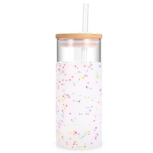Tronco 20 oz Glass Tumbler with Lid and Straw, Iced Coffee Cup and Smoothie Cup with Bamboo Lids & Protective Silicone Sleeve, Dishwasher Safe, BPA-Free, Glass Cup 1 Pack