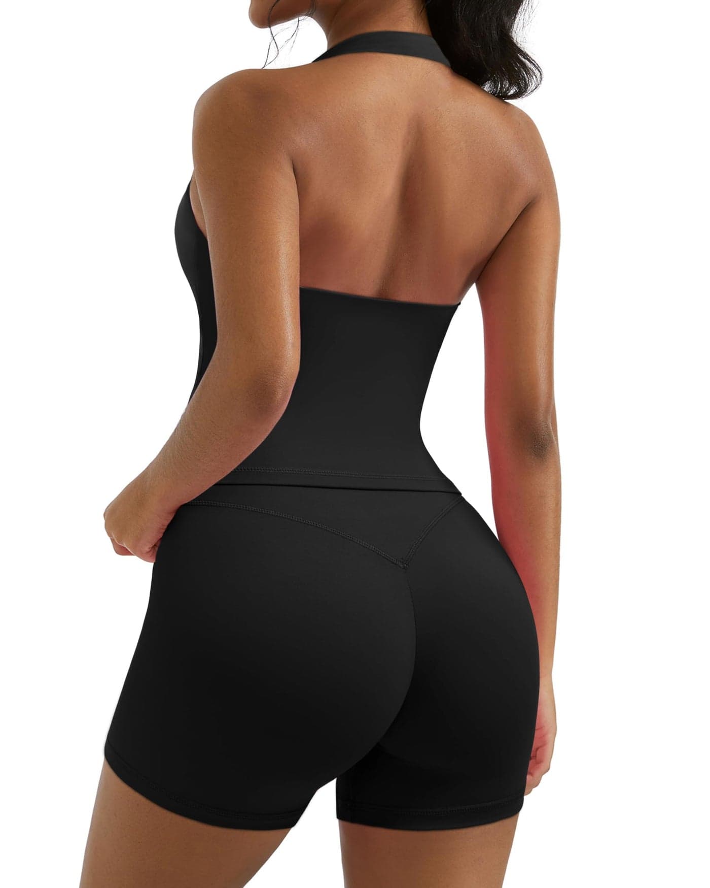OMKAGI 2 Piece Workout Sets for Women Halter Sports Bra Tank Gym Biker Shorts Outfits(M,431-Black)