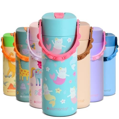 Elemental Insulated Kids Water Bottle Stainless Steel Water Bottle with Straw Lid PopIt Handle LeakProof Water Bottles for School Boys or Girls Travelling and Sports 18oz Meowmaid