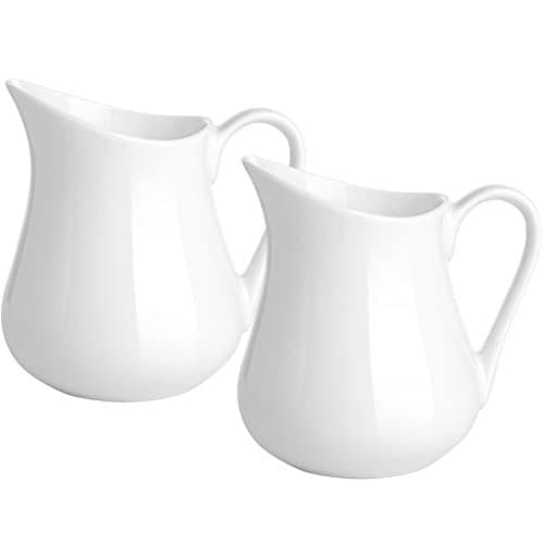Gurygo 2 Pack 4 Oz Classic White Ceramic Small Creamer Pitcher with Handle- Fine Porcelain Small Milk Pitcher - Ceramic Creamer Container for Coffee Milk Sauces Salad, Microwave & Freezer Safe