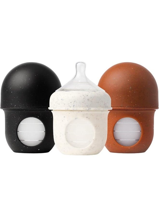 Boon Nursh Reusable Silicone Baby Bottles with Collapsible Silicone Pouch Design - Everyday Baby Essentials - Stage 1 Slow Flow Baby Bottles - Speckle - 4 Oz - 3 Count