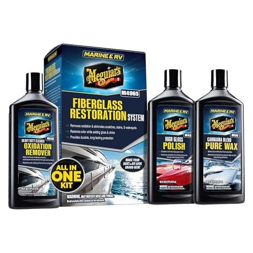Meguiars M4965 MarineRV Fiberglass Restoration System 3Piece Marine Fiberglass Repair Kit Featuring Oxidation Remover for Boat Care Plus Boat Polish and Wax