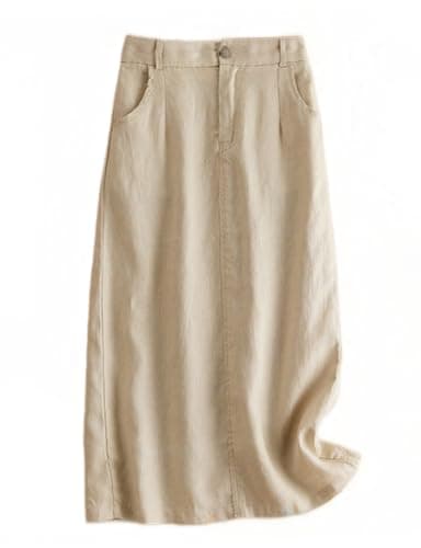 Kinghua Linen Skirts for Women Lightweight Elastic High Waisted Skirts Casual A Line Ladies Midi Skirts (Beige, S)