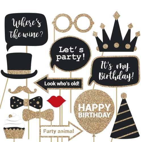 Fully Assembled Birthday Photo Booth Props 30 Piece Box Set of Black Gold Selfie Party Supplies and Decorations Kit with Real Glitter Cute Bday Designs for Women Did We Mention No DIY