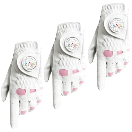 VEASAERS Golf Gloves Women Leather with Ball Marker 3 Pack, Left Hand Right Stylish Pink All Weather Grip Breathable Glove, Fit Sizes Small Medium Large for Womens Ladies (3 Pack Pink, Medium, Left)