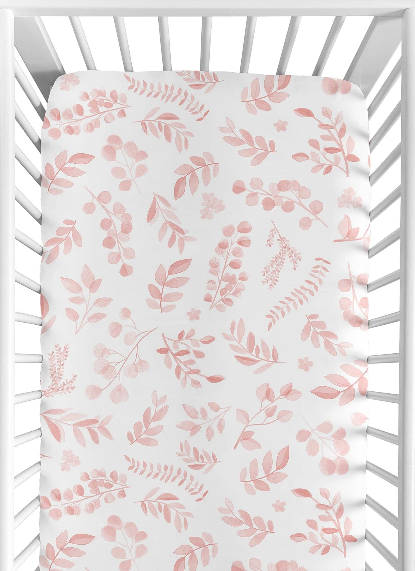 Sweet Jojo Designs Blush Pink and White Floral Leaf Girl Fitted Crib Sheet Baby or Toddler Bed Nursery Boho Chic Bohemian Watercolor Botanical Flower Woodland Tropical Garden Leaves Pastel Nature