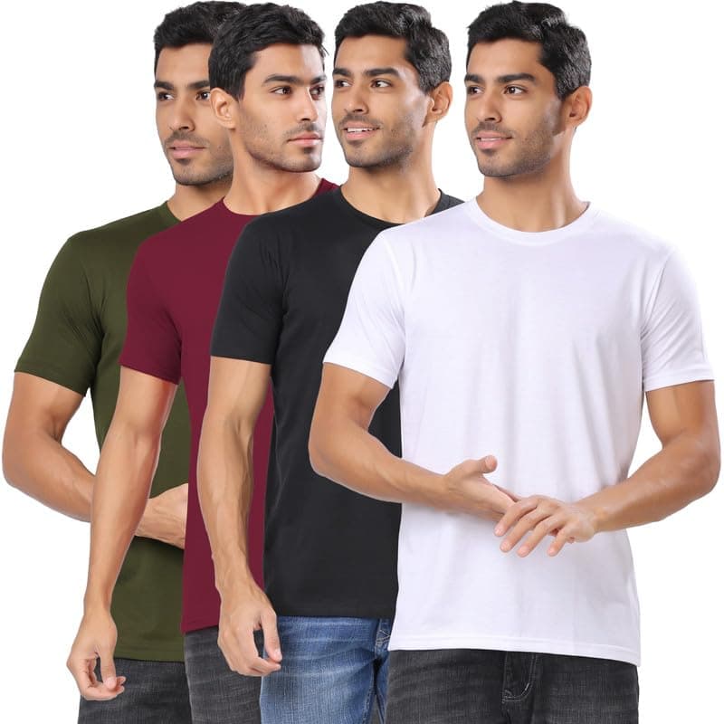 London Hills Men’s Cotton Blend Solid Round Neck Half Sleeve Regular Fit T-Shirts (Pack of 4) Soft Breathable Casual Tees for Daily & Gym Wear
