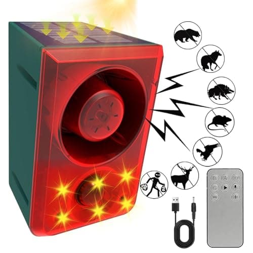 ChunHee Solar Outdoor Motion Sensor Alarm with Dog Barking Gunshot Sound Support Recording and Adjustable Volume 130db Loud Noise Maker 3 Work Modes Strobe Light for Home Villa Farm Barn 1pack