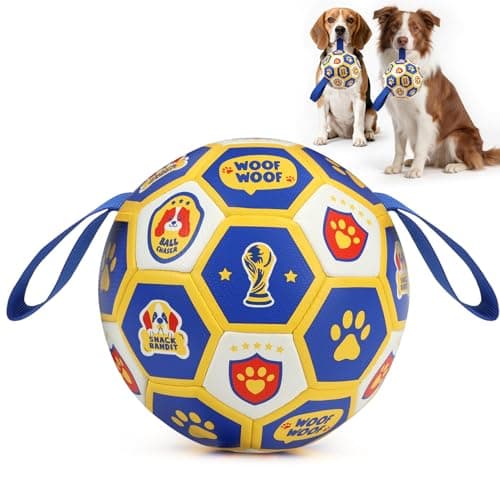 Vivifying Dog Toys Balls, Interactive World Cup Soccer Ball for Small Medium Dogs, Durable PU Enrichment Training Toy with Straps for Indoor and Outdoor Tug-of-War & Playing (6 Inches)
