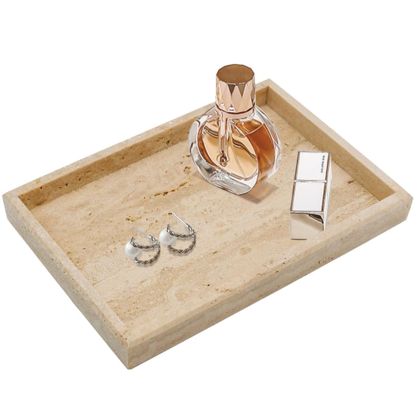 Zilukar Real Natural Travertine Tray for Bathroom Vanity Kitchen and Desktop Rectangle Genuine Travertine Stone Tray for Jewelry Cosmetics Candles Lotion Perfume and Home Decor