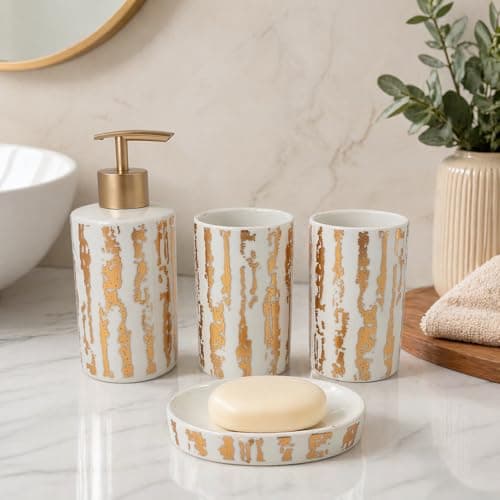 Whizzo® Modern Ceramic Bathroom Accessories Set Ceramic - 4 Pieces Bathroom Accessories Set Soap Dispenser, Toothbrush Holder, Tumbler, Soap Dish, The Best Gifting Choice (BS-810, White)