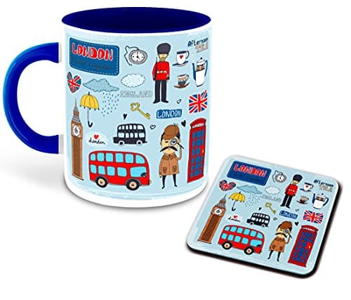 DecorVecor™ London Clipart Inspired Ceramic Dark Blue Inner Color Printed Ceramic Coffee Mug with Coaster (London, Big Ben, London City) D-9