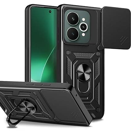 SPAZY CASE® Realme 15 Back Cover | Heavy Duty Hybrid Case with 360 Degree Rotating Finger Ring Holder + Slider Shutter Camera Protection Case for Realme 15 - Black