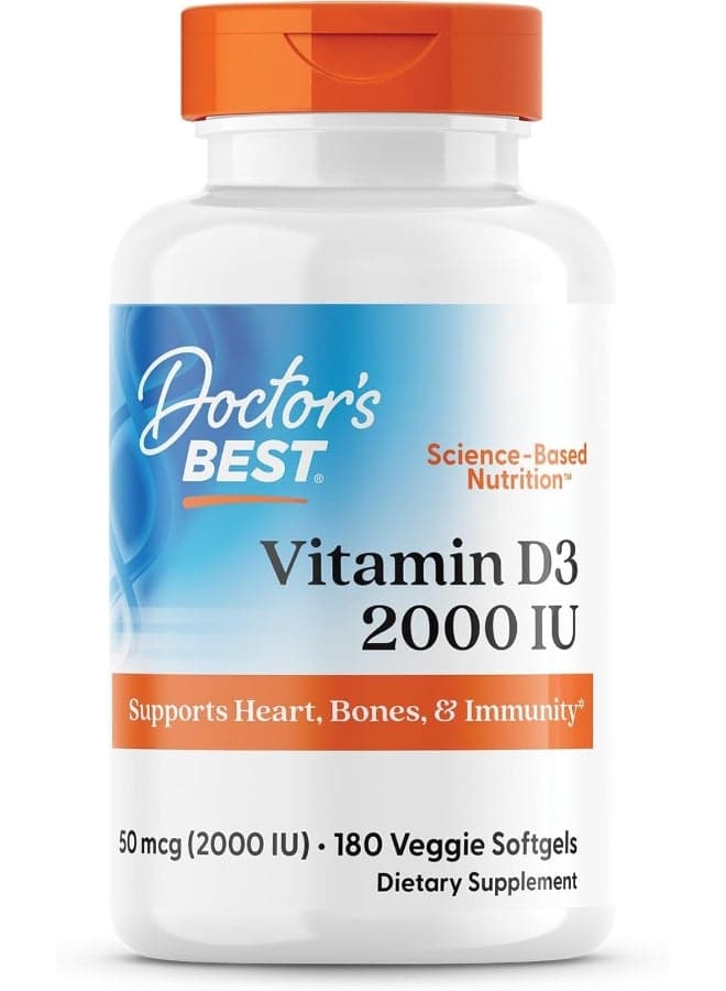 Vitamin D3 2000 Iu, Supports Heart, Bones, & Immunity, Non-Gmo, Gluten Free, Soy Free, Vegetarian 180 Veggie Softgels