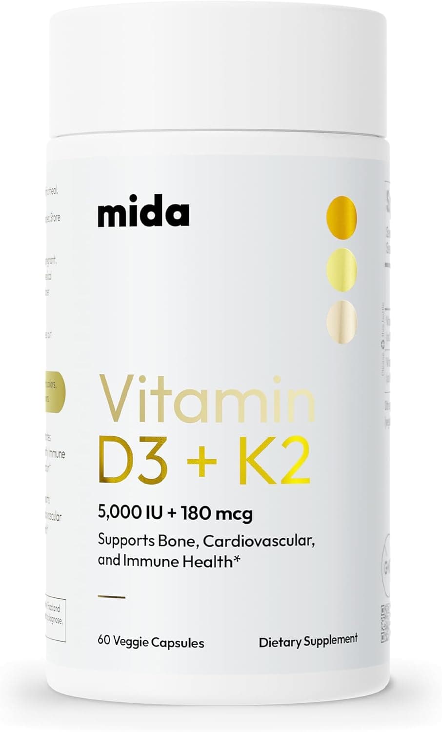 Mida Health D3 K2 Vitamin 5000 IU 125 mcg with MK7 180 mcg Natural Supplement for Bone Heart and Immune Support Adult Vegan Capsules 60 Servings