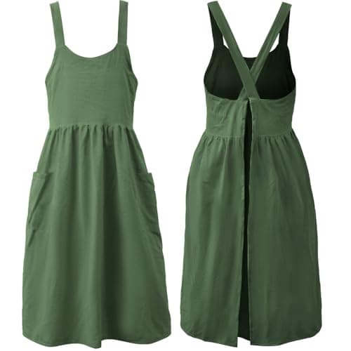 Uaussi Women Linen Apron Bib Chef Apron Fashion Coffee Shop Waist Kitchen Aprons for Cooking, Maid Apron Baking, Gardening-Green