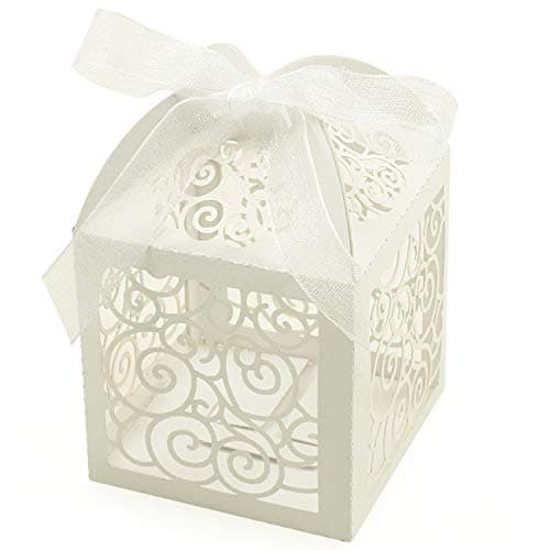 KPOSIYA 100 Pack Wedding Favor Boxes Laser Cut Boxes Party Favor Box Small Gift Boxes Lace Candy Boxes for Wedding Bridal Shower Baby Shower Birthday Party Anniverary with Ribbons White 100