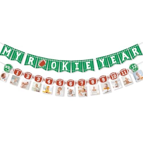 Football 1st Birthday Banner for Party Decorations Football Theme Monthly Milestone Photo Banner My Rookie Year First Birthday Celebration Super Bowl Party Supplies