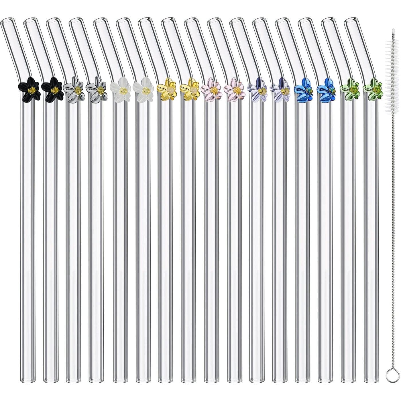 16 Pieces Reusable Glass Straw with Flower Cute Colorful Glass Straws with Design 787 x 031 Shatter Resistant Bend Straws and Cleaning Brush for Cocktail Hot or Cold Drinks