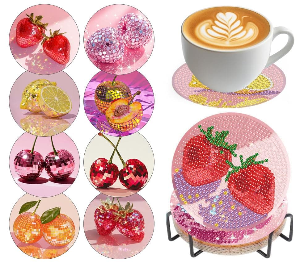 croshom Fruits Diamond Art Coasters Kits 8 Pieces Diamond Painting Coasters with Holder Diamonds Art Disco Ball Coaster Kits 5D DIY Diamonds Arts Painting Kit for Adults Gift
