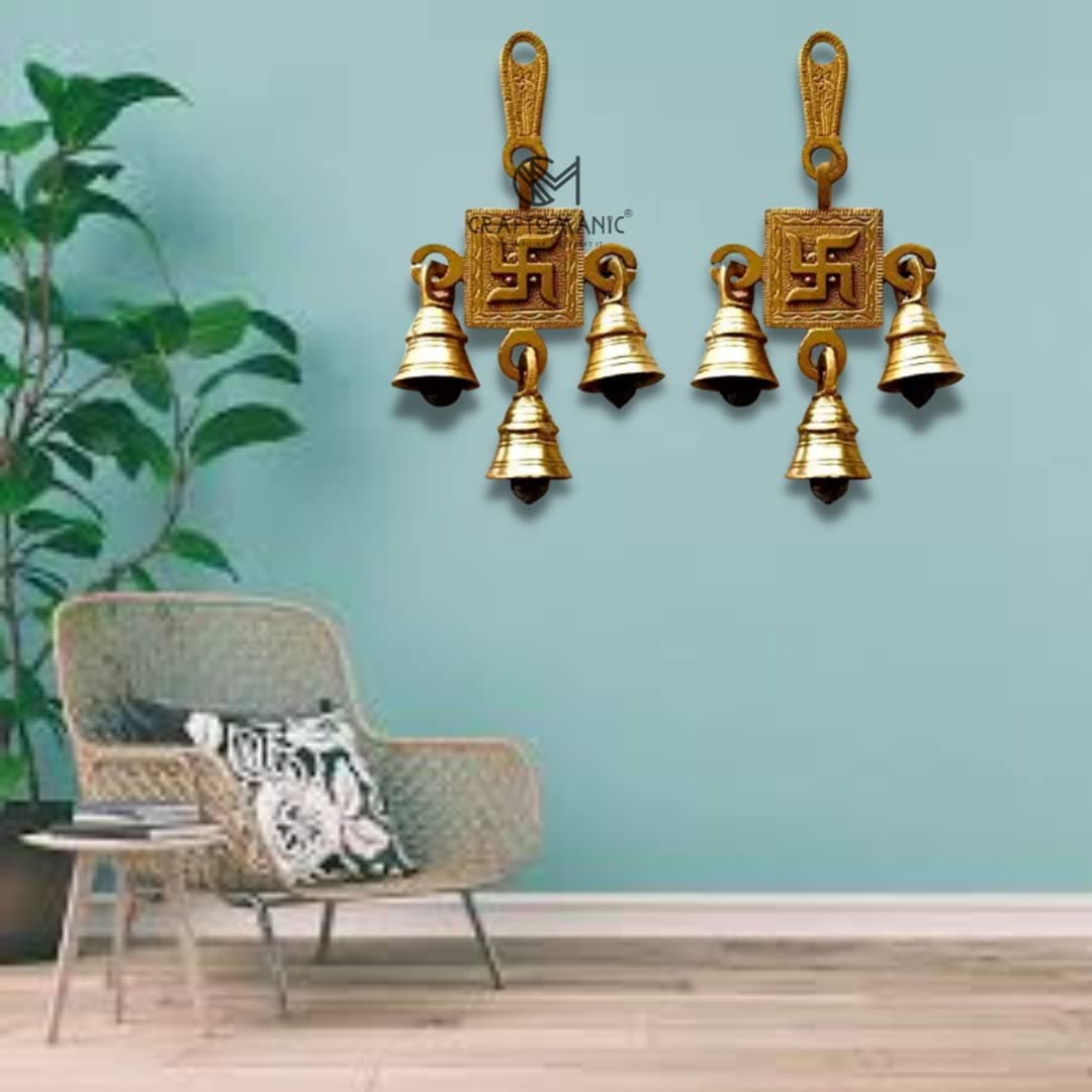 Craftomanic Brass Swastik Hanging BellsBrass Hanging Bells Room Entance Home Decor for Diwali Decoration Hanging Bell for Temple Door Entrance Pooja Mandir