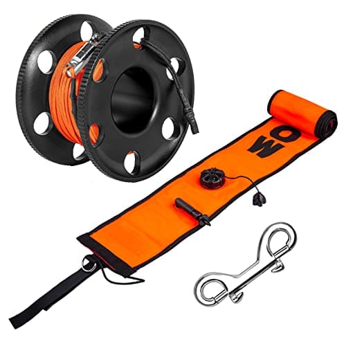 5FT Diving Surface Marker Buoy (SMB), Signal Tube Safety Sausage with 100FT Aluminum Big Finger Spool Reel and Double Ended Hook Clip for Underwater Scuba Diving Snorkeling (5FT Orange SMB+Black Reel)