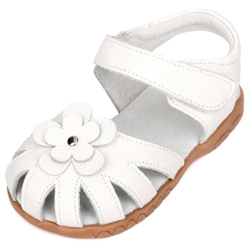 Femizee Girls Genuine Leather Soft Closed Toe Princess Flat Shoes Summer Sandals(Toddler/Little Kid) Size 11 Little Kid,White,1504 CN31