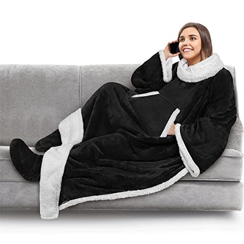 PAVILIA Sherpa Blanket with Sleeves, Foot Pocket for Women Men Adults, Thick Wearable Blanket Throw Wrap, Fleece Warm Snuggle Blanket Robe, Cozy Gift Ideas Wife Mom, Black