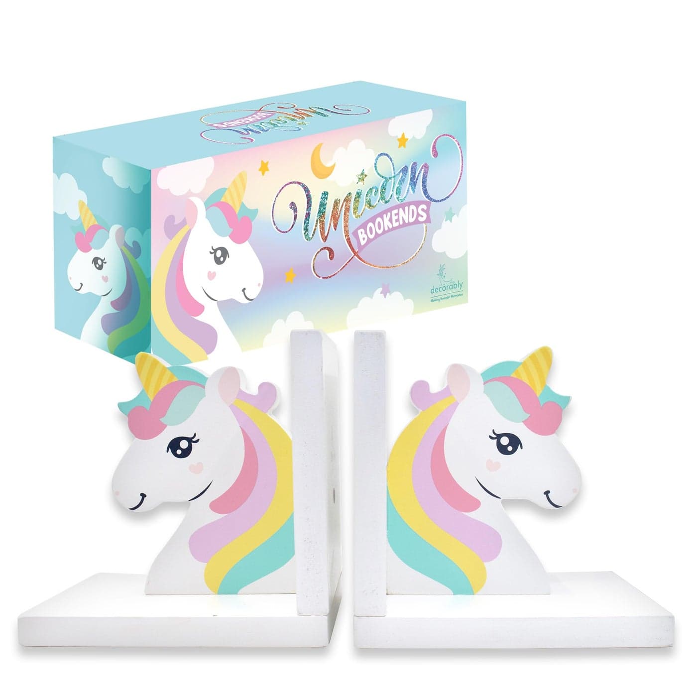 Decorably Unicorn Bookends for Kids 1 Set NonSkid Wooden Unicorn Book Ends for Kids Books Kids Room Babys Nursery Classroom