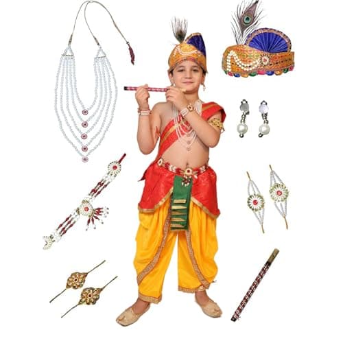 Kaku Fancy Dresses Krishna Costume for Kids Infant Baby Krishna Dress for Boys (Set of 11 - Red Dhoti, Patka(Stole), Belt, Fabric Mukut, Layer Pearl Mala, Moti Bajuband, Earrings, Bansuri & Morpankh)