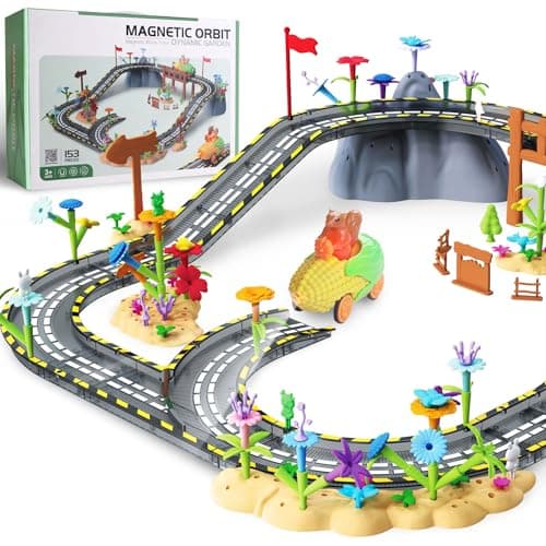 SKTMYY 153PCS Magnetic Tiles Road Set with Toy Car Flowers Building Toy Magnet Tiles for Kids Magnetic Building Blocks STEM Toy Gift for Boys and Girls Garden Track Themed