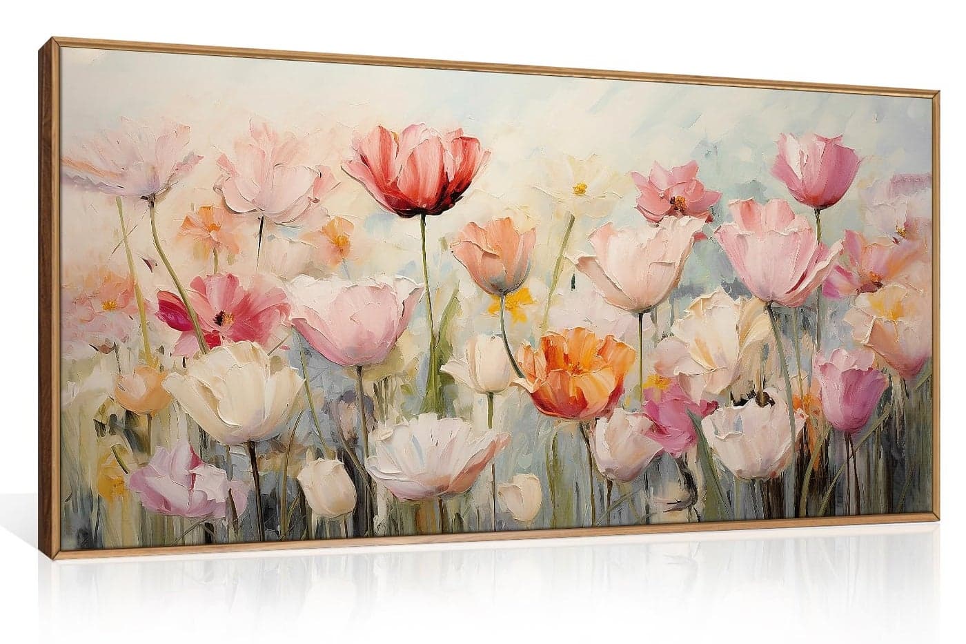HPNIUB Large HandPainted Nature Wildflowers Framed Wall Art Pink Floral Canvas Oil Painting Modern Aesthetic Wall Decor Abstract Flower Artwork for Living Room Bedroom Decor 20x40