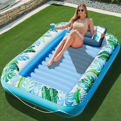 JAMBO Inflatable Tanning Pool Lounger Float 70 x 47 Sun Tanning Pool Float with Pillow Water Lounge Raft Pool Floatie for Adults Tanning Raft Pool Tub Water Tanning Bed Kiddie Pool Tanning Floats