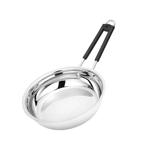BOWLS & MORE | Flat Bottom Frying Pan | 22 cm / 1.5 litres | Heavyduty Stainless Steel with Heat-Resistant Handle | Gas Stove Compatible | Matt Glossy Finish (Silver)