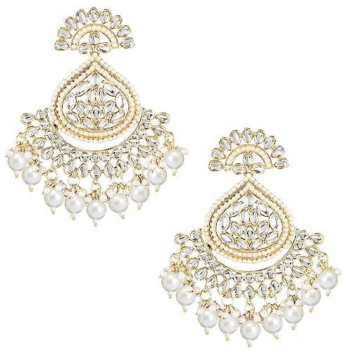 I Jewels Gold Plated Traditional Handcrafted Kundan Earrings Adorned with Pearls for Women and Girls (E3015) (White)