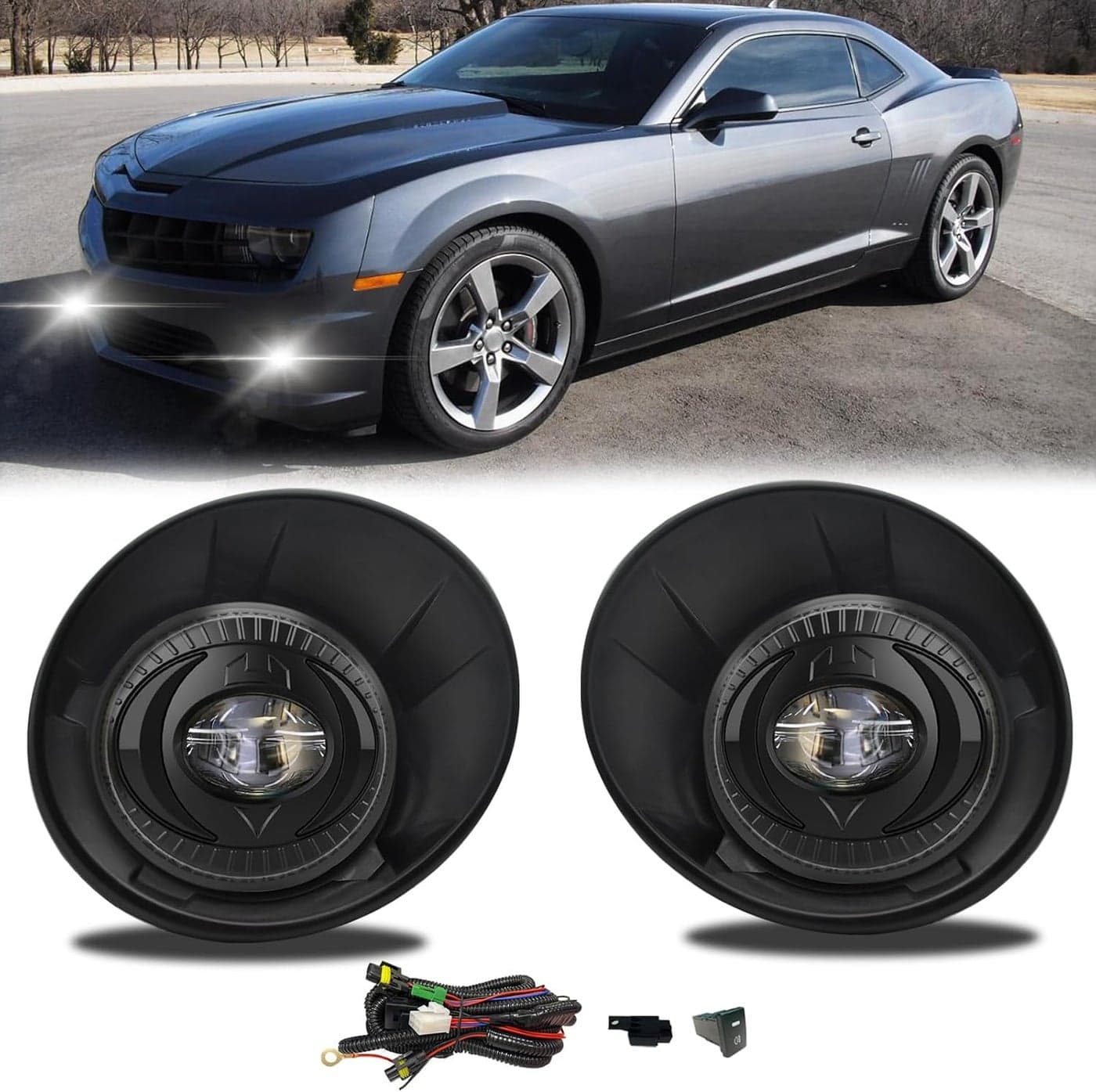 Shocklight LED Fog Light Driving Lamp Assembly for 2010-2013 Chevy Camaro - Pair with Clear Lens, Wiring Harness & Switch