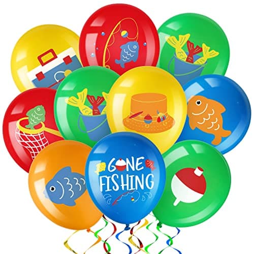Zomiboo 36 Pack Fish Bobber Balloons Ofishally One Birthday Decoration Latex Fish Party Balloon Under the Sea Creature Birthday Baby Shower Party Decoration Supplies 12 InchesGone Fishing Style
