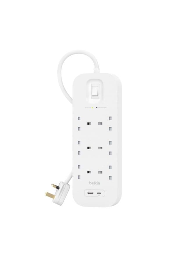 6-Outlet Surge Protector w/ Charging Ports 18W | 2meters Cable Length, 650 Joules Protection, PD Fast Charge 1x USB/C 1x USB-A, Heavy Duty Chord, w/ Switch & LED Indicator - UK 3-Pin