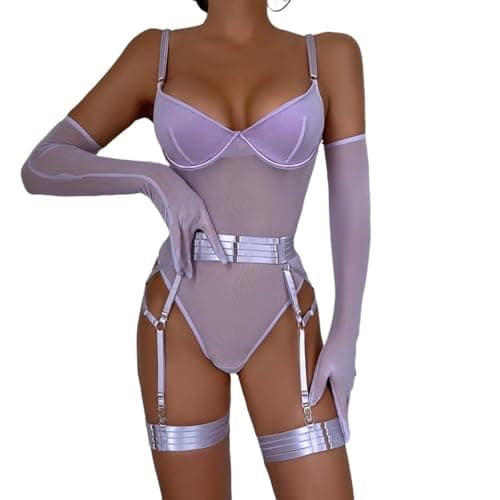 GirlFriend Women Lace Above The Knee Bikini Lingerie Set Teddy Strap Babydoll Bodysuit Lingerie with Gloves and Thigh Belts Purple, Large