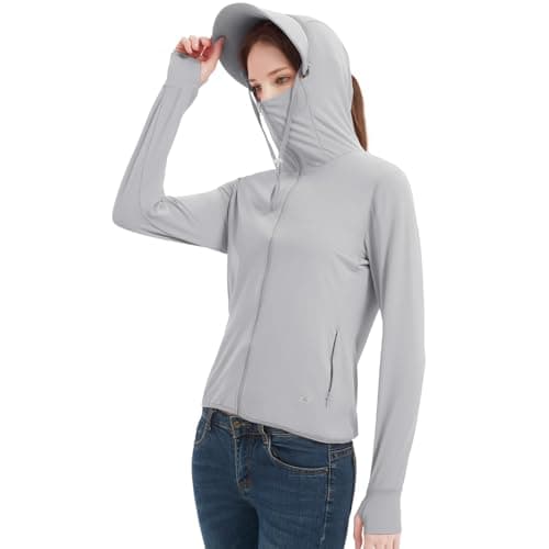 Women's UV Protection Shirts with Hoodies, Cooling Breathable Full-Zip Jackets with Thumbhole Zipper Pockets Sun Shirt SPF for Outdoor Hiking Running Travel