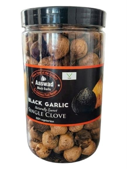 Aaswad Black Garlic 500g Single Clove | Peeled Fermented Garlic | Aged 60–90 Days | No Preservatives | Natural Sweet Taste | Vegan | High Antioxidants