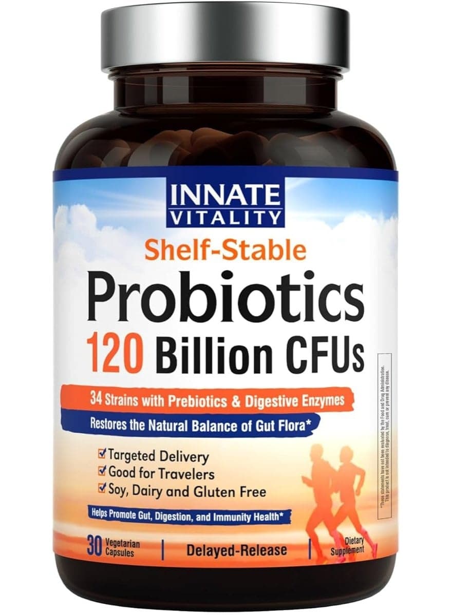 Innate Vitality 3-in-1 Probiotics 120 Billion CFUs 34 Strains with Organic Prebiotics & Digestive Enzymes - 30 Vegan Caps