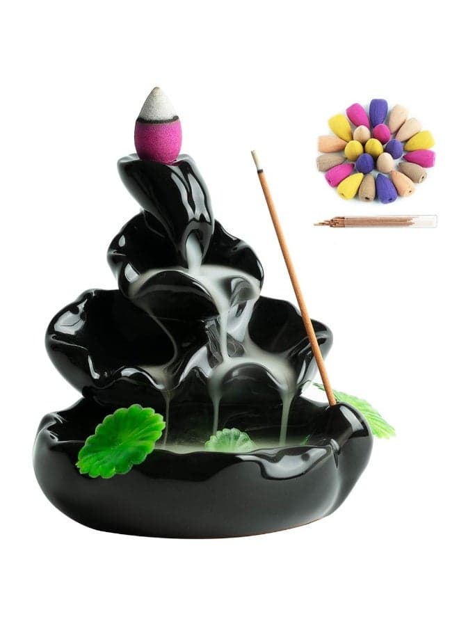 Ceramic Incense Holder with 50 Incense Cones + 30 Incense Stick, Waterfall Backflow Incense Burner, Aromatherapy Ornament, Zen Decor, Home Decor, Room Decor (Black)