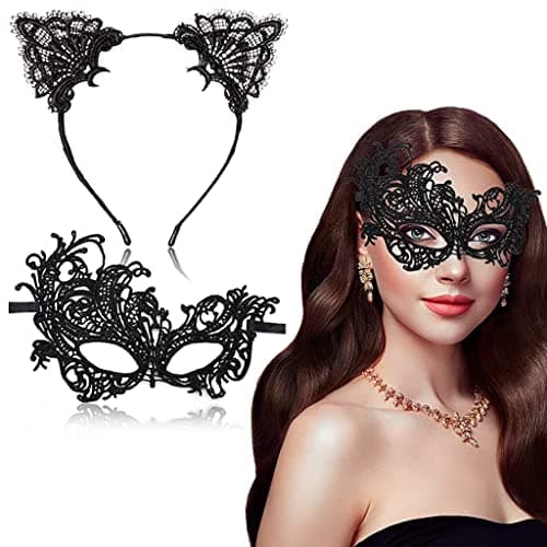 PATPAT® Set of 2 Masquerade Masks Lace Eye Mask Cat Ears Headband for Women, Halloween Mask Party Mask for Women Costume for Cosplay Carnival Party Halloween Christmas Valentine Day (Phoenix)