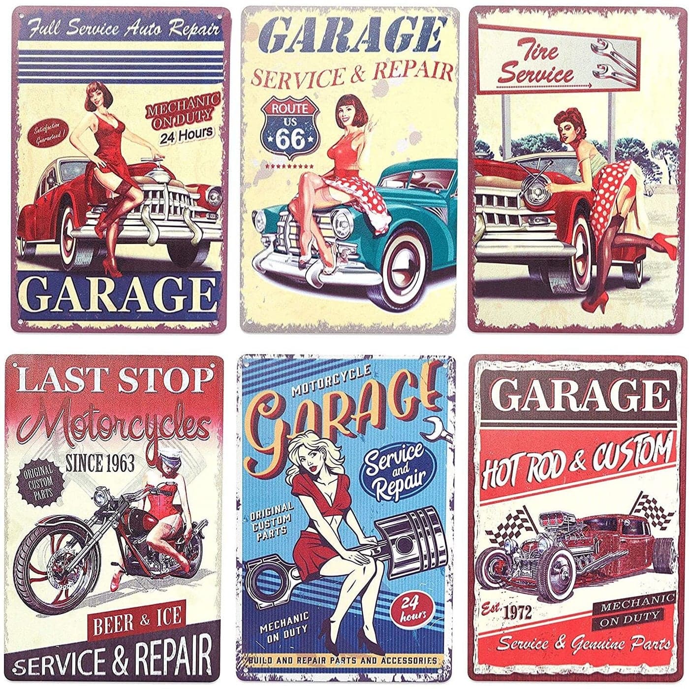 Okuna Outpost 6 Pack Vintage Metal Signs for Retro Garage Wall Decor 6 Designs 8 x 118 In